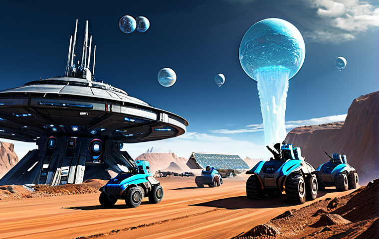 A bustling Terran mining operation on an alien planet. Multiple SCV units are diligently collecting glowing blue minerals from crystal patches and Vespene Gas from geysers. Above, several Orbital Commands hover majestically, with MULEs gracefully descending towards the mineral lines, signifying peak economic efficiency. The scene includes various Terran structures like supply depots and barracks in the background, set amidst a vibrant, futuristic alien landscape under a warm, diffused sky. The machinery is well-formed, with correct proportions and intricate details, portraying a professional and organized industrial complex. Appropriate content, safe for work, fully clothed, professional, family-friendly.