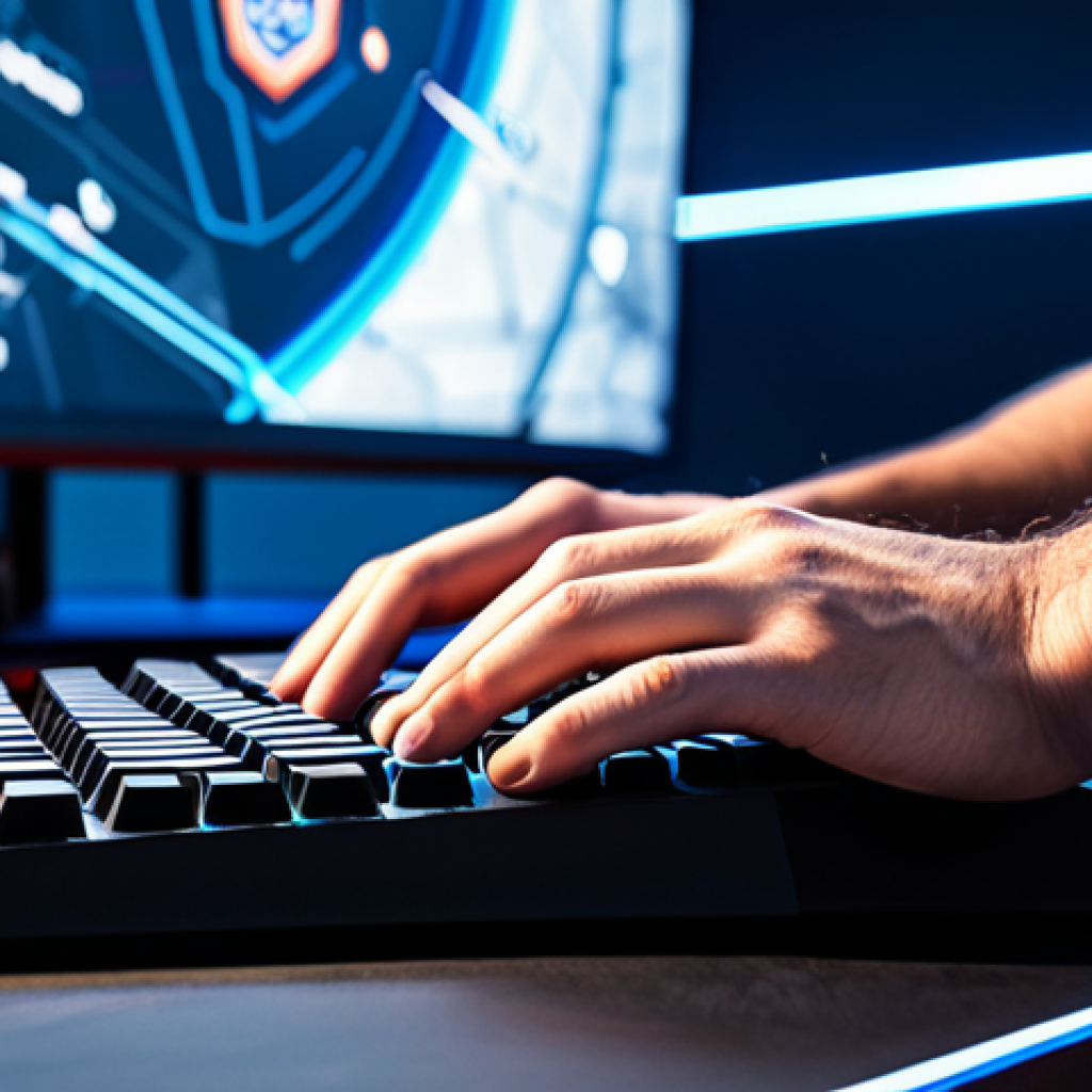 A professional esports player, adult, fully clothed in a modest, high-tech gaming jersey, intensely focused with hands positioned expertly over a mechanical keyboard. The setting is a clean, modern esports arena with subtle ambient lighting. The background features a large, blurred monitor displaying abstract strategic map elements, emphasizing a professional and engaging atmosphere. The image showcases perfect anatomy, correct proportions, a natural pose, well-formed hands, and proper finger count, ensuring natural body proportions. This image is safe for work, appropriate content, and family-friendly.