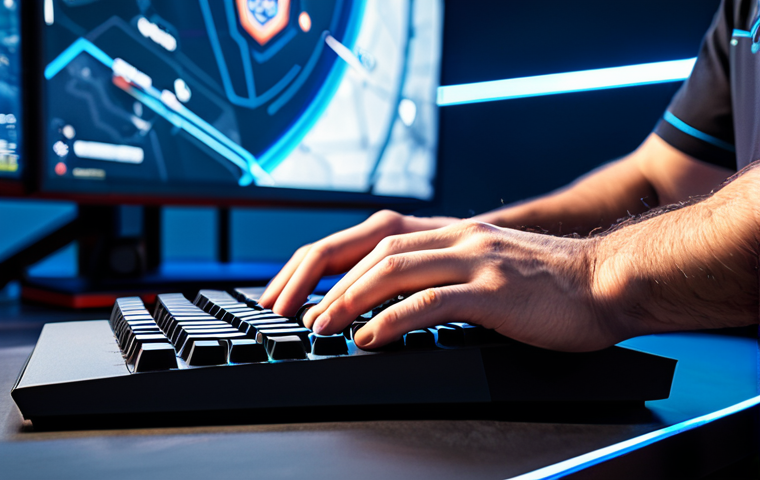 A professional esports player, adult, fully clothed in a modest, high-tech gaming jersey, intensely focused with hands positioned expertly over a mechanical keyboard. The setting is a clean, modern esports arena with subtle ambient lighting. The background features a large, blurred monitor displaying abstract strategic map elements, emphasizing a professional and engaging atmosphere. The image showcases perfect anatomy, correct proportions, a natural pose, well-formed hands, and proper finger count, ensuring natural body proportions. This image is safe for work, appropriate content, and family-friendly.
