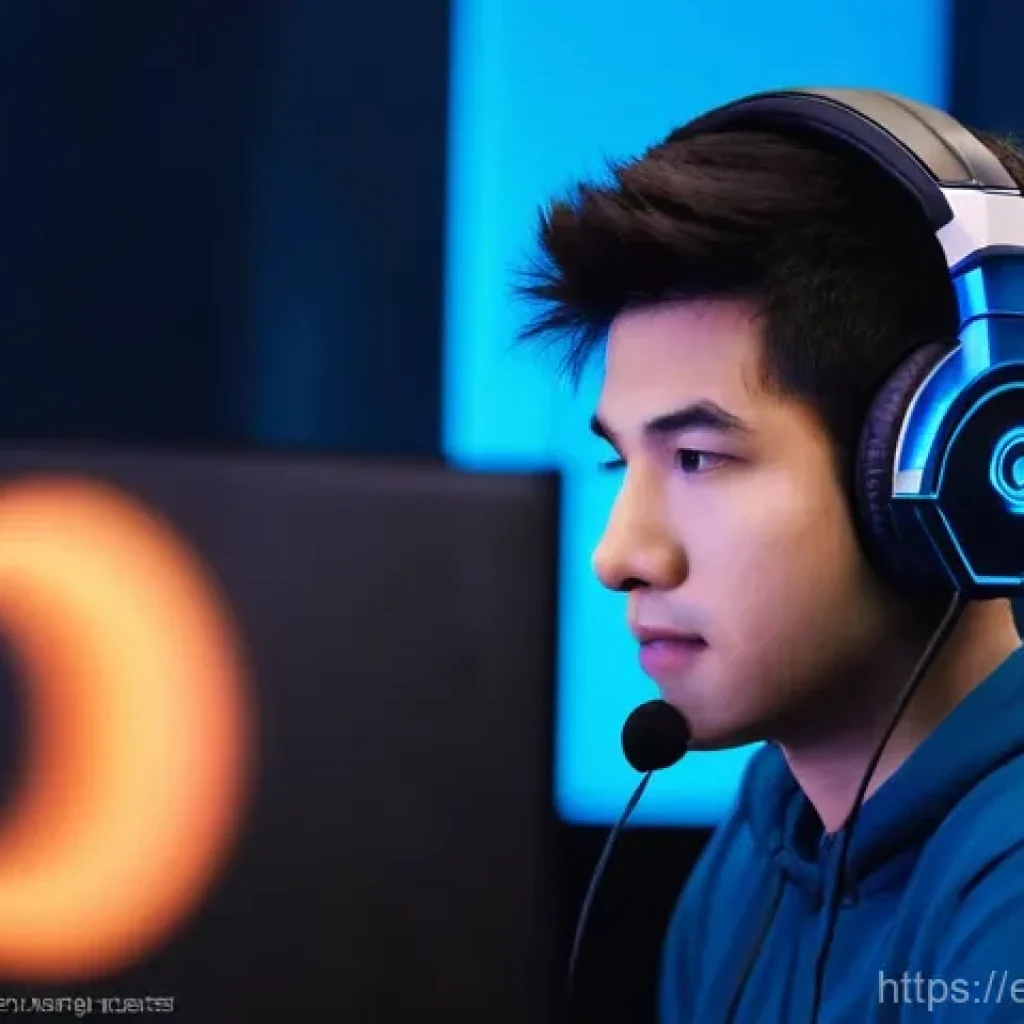 스타크래프트2 시청각 자료 활용 - **Immersive Soundscape Experience: StarCraft II Player:** A medium shot of a young adult gamer, wear...