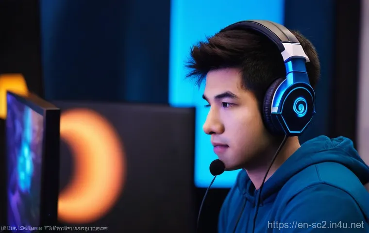 스타크래프트2 시청각 자료 활용 - **Immersive Soundscape Experience: StarCraft II Player:** A medium shot of a young adult gamer, wear...