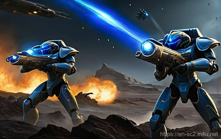 스타크래프트2 리콜 활용법 - **Prompt:** A dynamic, mid-action shot of three Protoss Stalkers, their sleek, blue-armored forms gl...