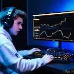 스타크래프트2 리플레이 분석 - A focused young adult gamer, dressed in a comfortable, modern hoodie and jeans, sits at a high-tech ...