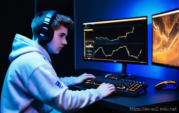 스타크래프트2 리플레이 분석 - A focused young adult gamer, dressed in a comfortable, modern hoodie and jeans, sits at a high-tech ...